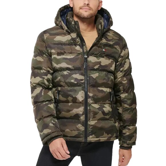 NEW $225 Tommy Hilfiger Camouflage Camo Puffer Jacket! Med  Hood  Quilted  Olive - Picture 1 of 5